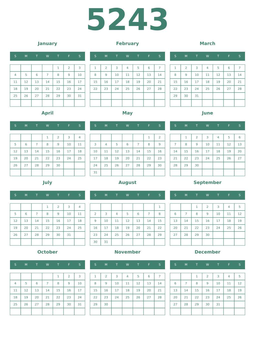 Printable 5243 Year Calendars viridian