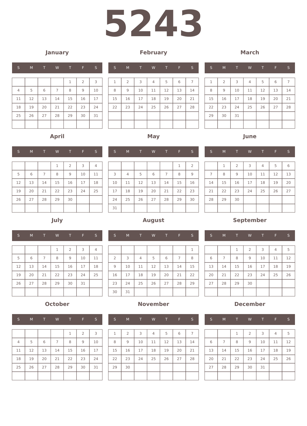 Printable 5243 Year Calendars wenge