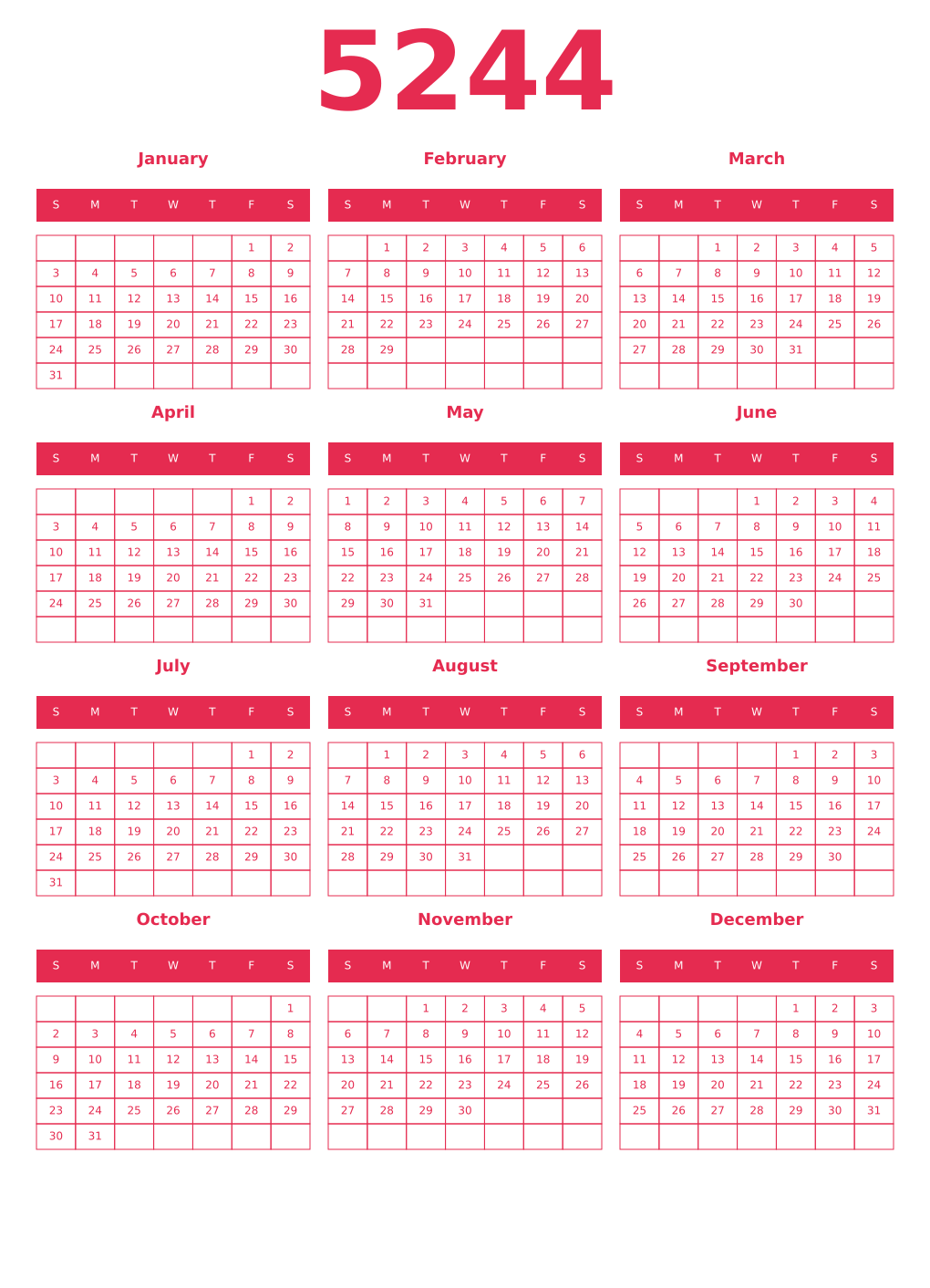 Printable 5244 Year Calendars amaranth