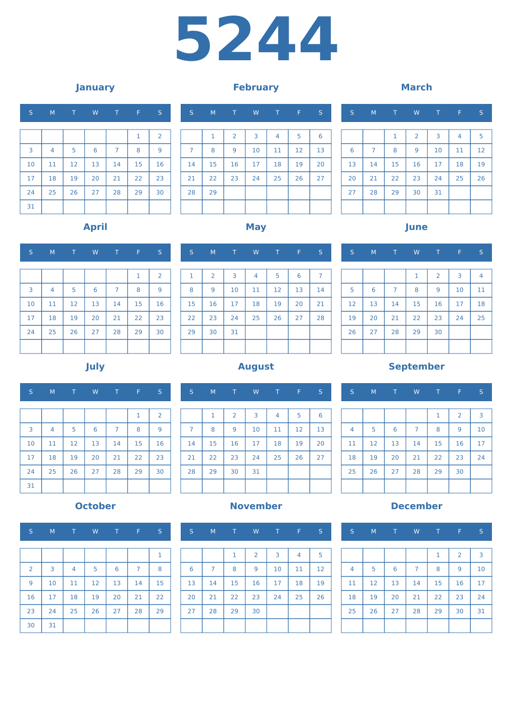 Printable 5244 Year Calendars blue