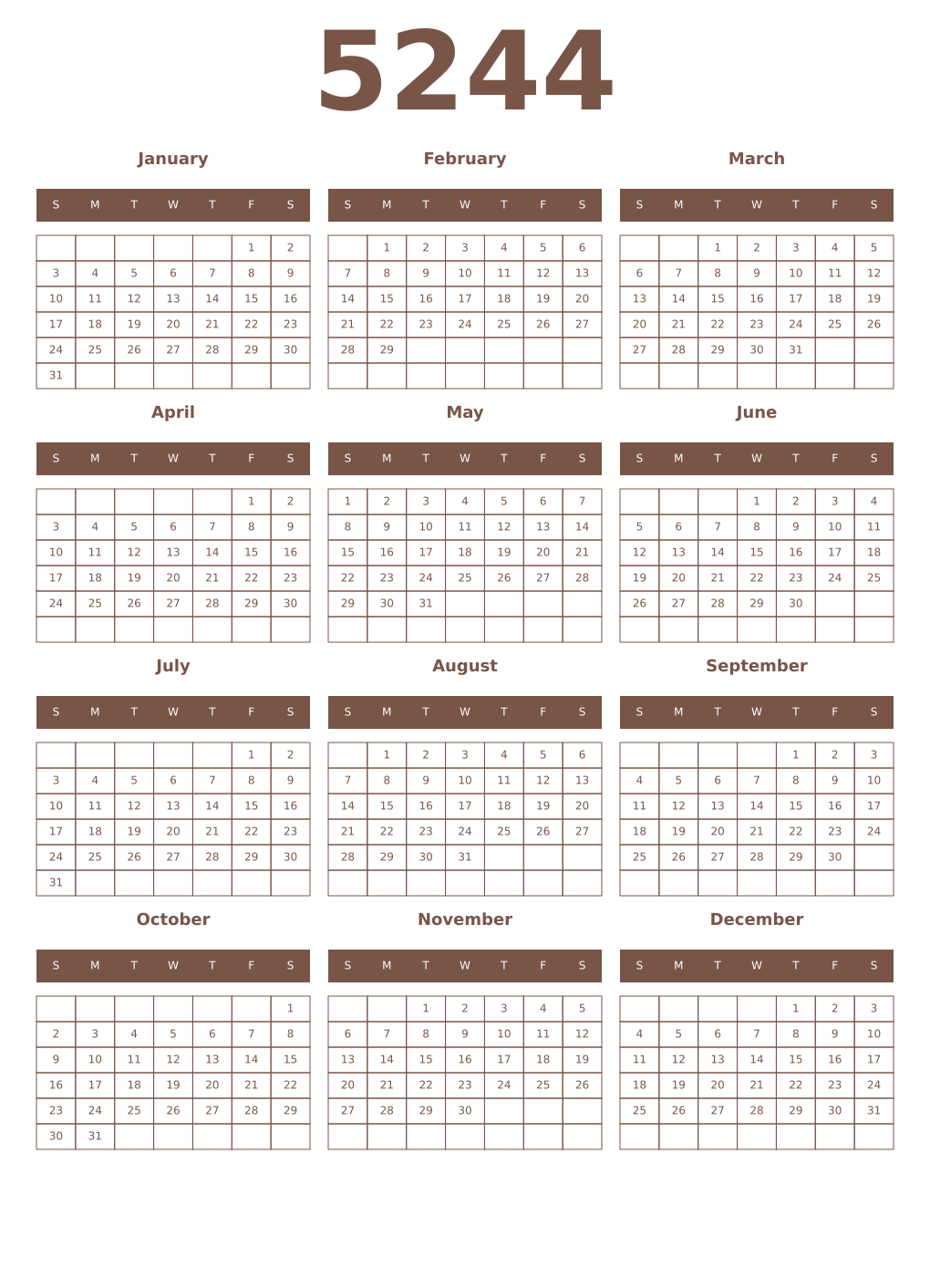 Printable 5244 Year Calendars coffe