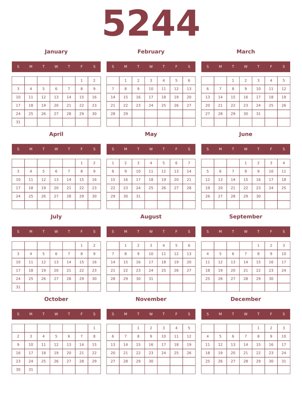 Printable 5244 Year Calendars cordovan
