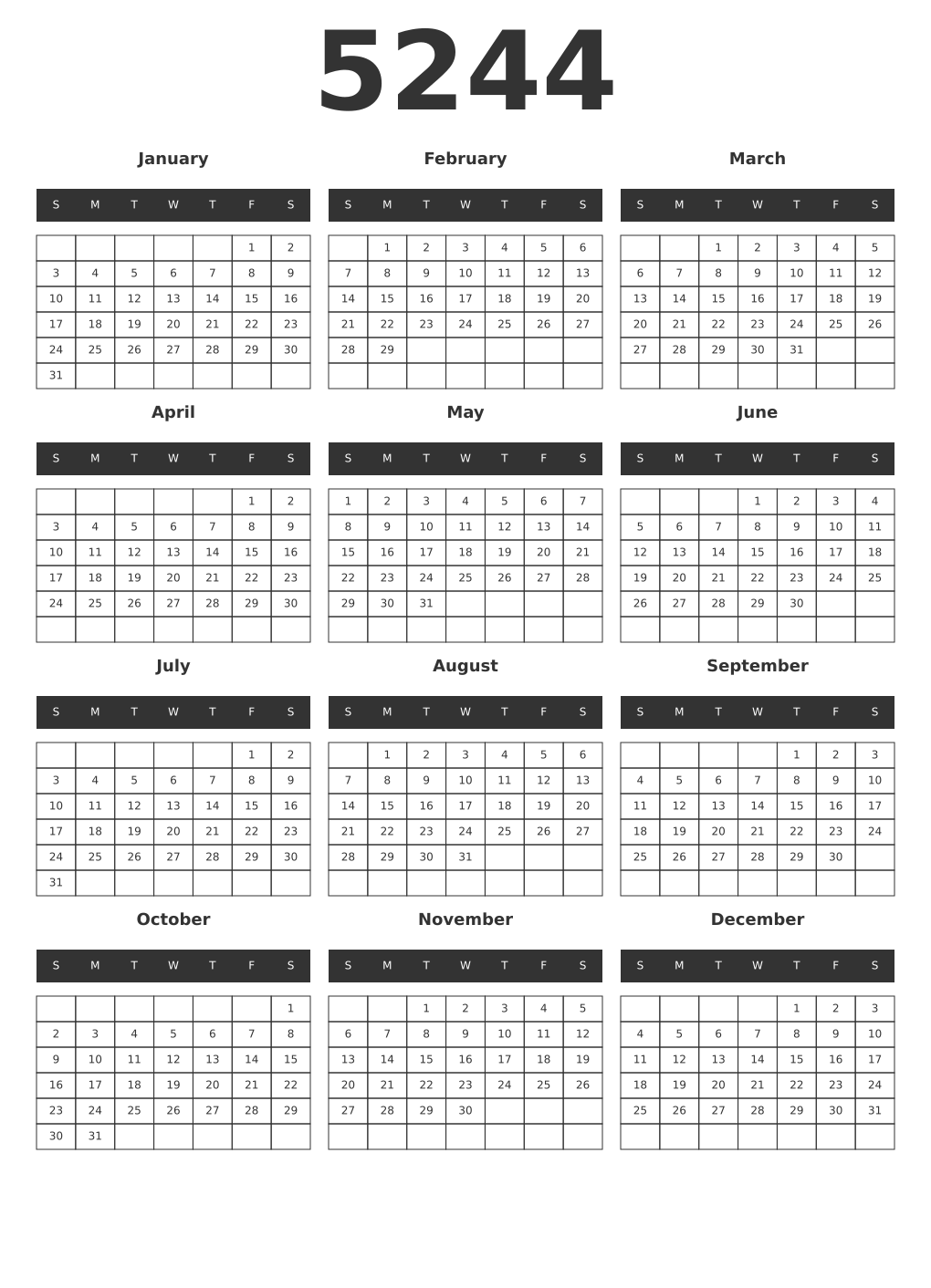 Printable 5244 Year Calendars dark