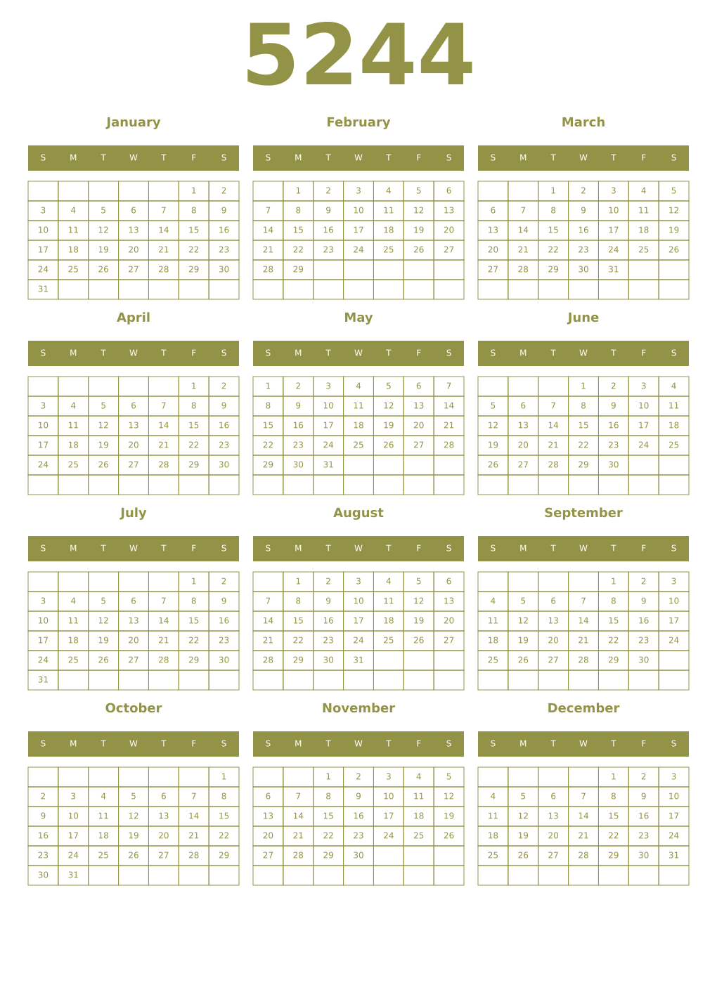 Printable 5244 Year Calendars eburnean