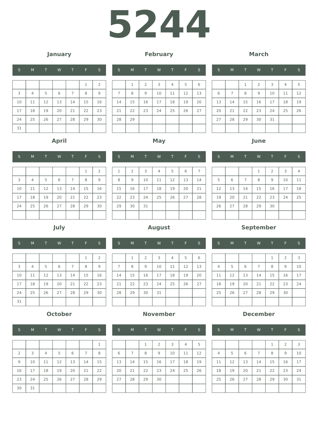 Printable 5244 Year Calendars feldgrau