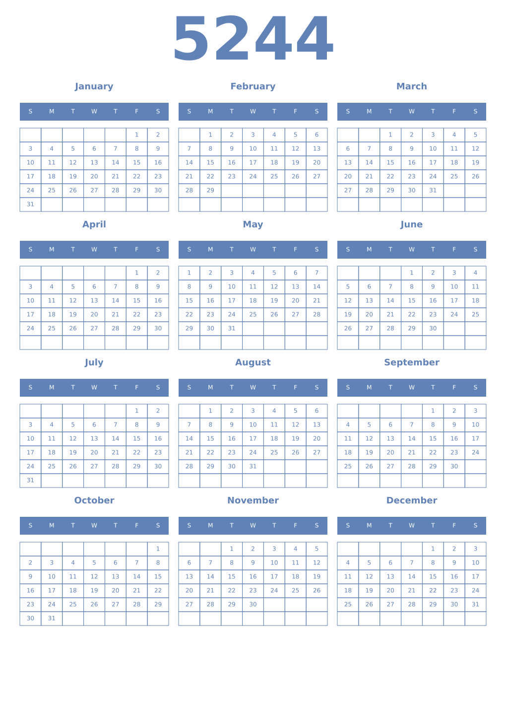 Printable 5244 Year Calendars glaucous