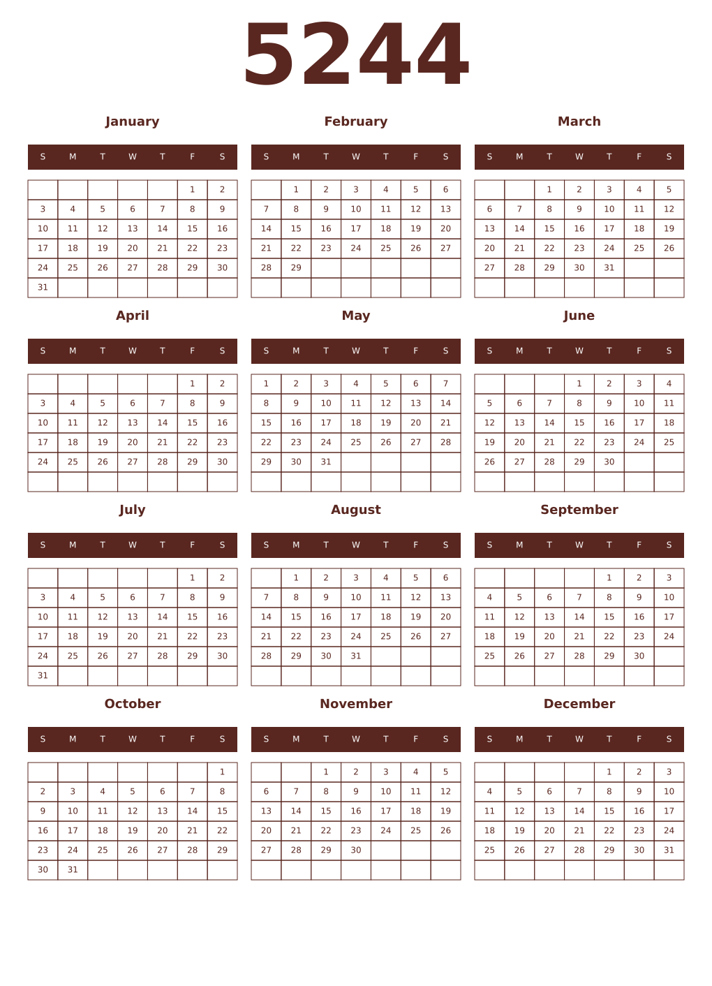 Printable 5244 Year Calendars mortuum