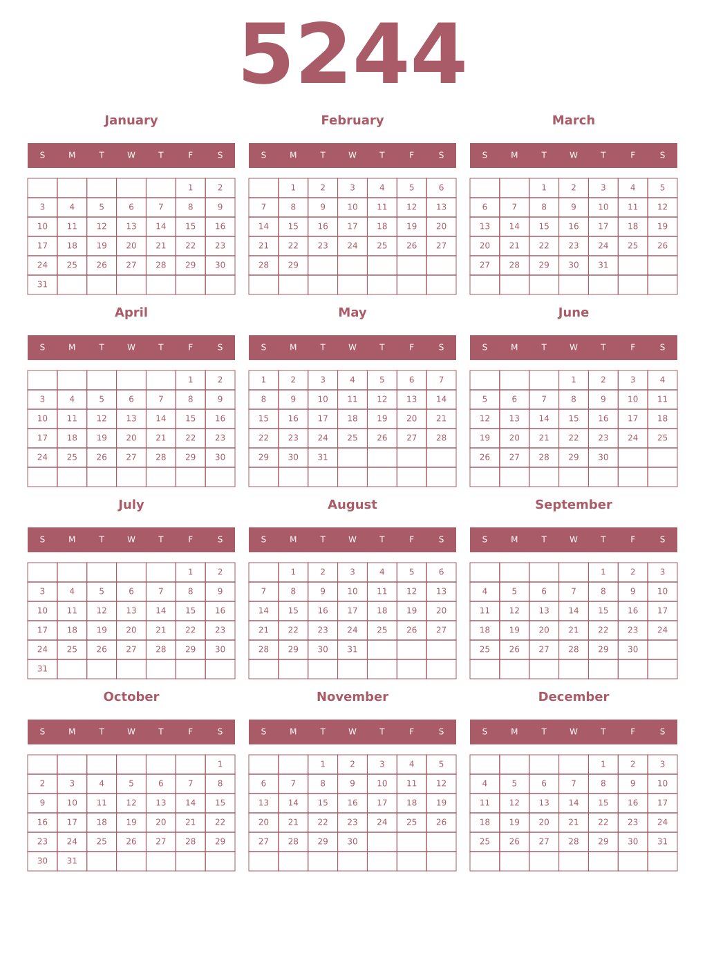 Printable 5244 Year Calendars puce