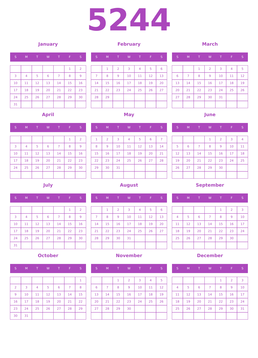 Printable 5244 Year Calendars purple