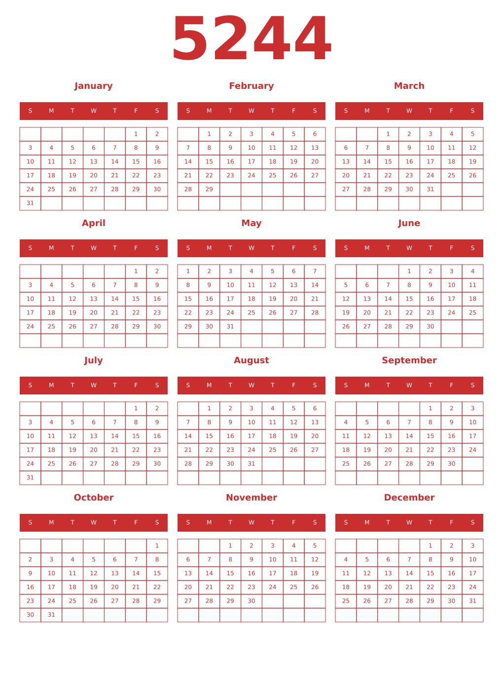 Printable 5244 Year Calendars red