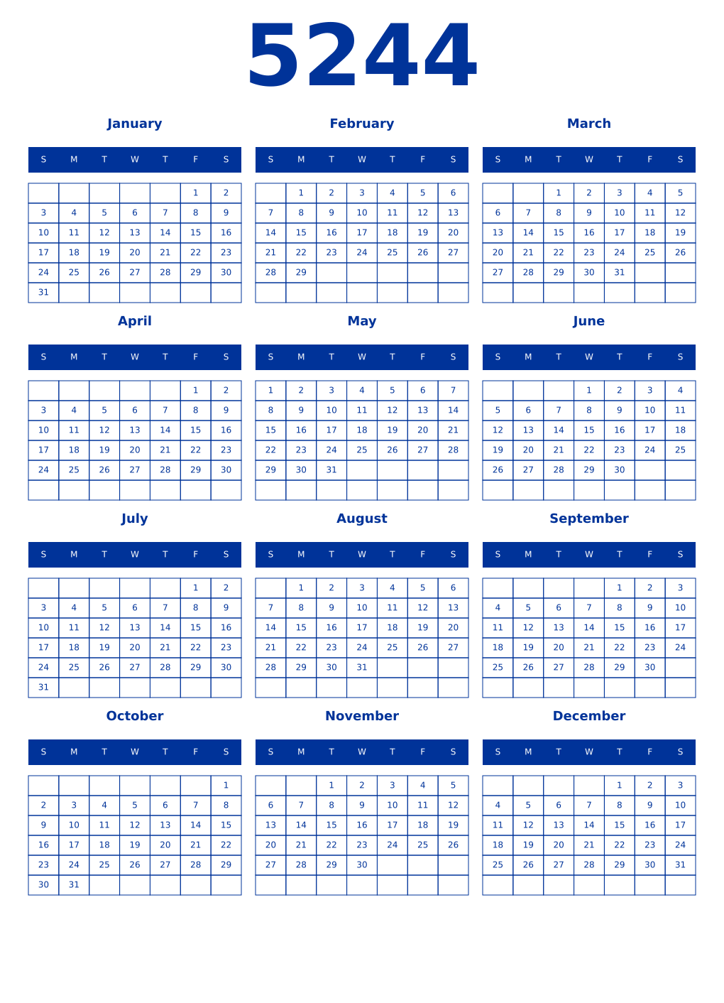 Printable 5244 Year Calendars smalt