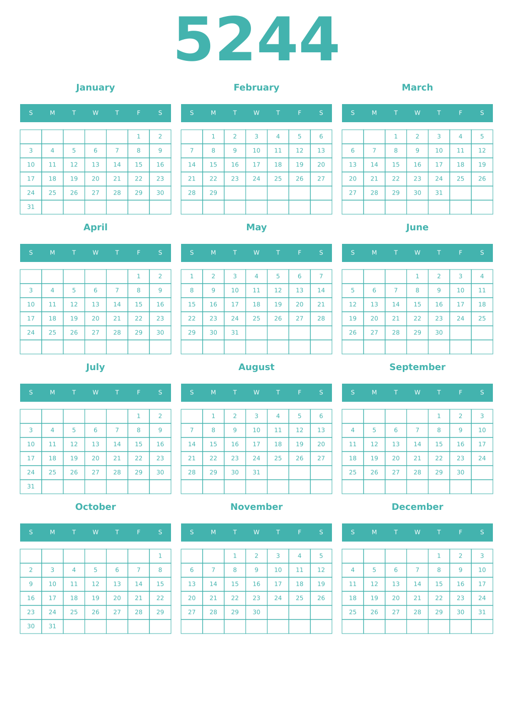 Printable 5244 Year Calendars verdigris