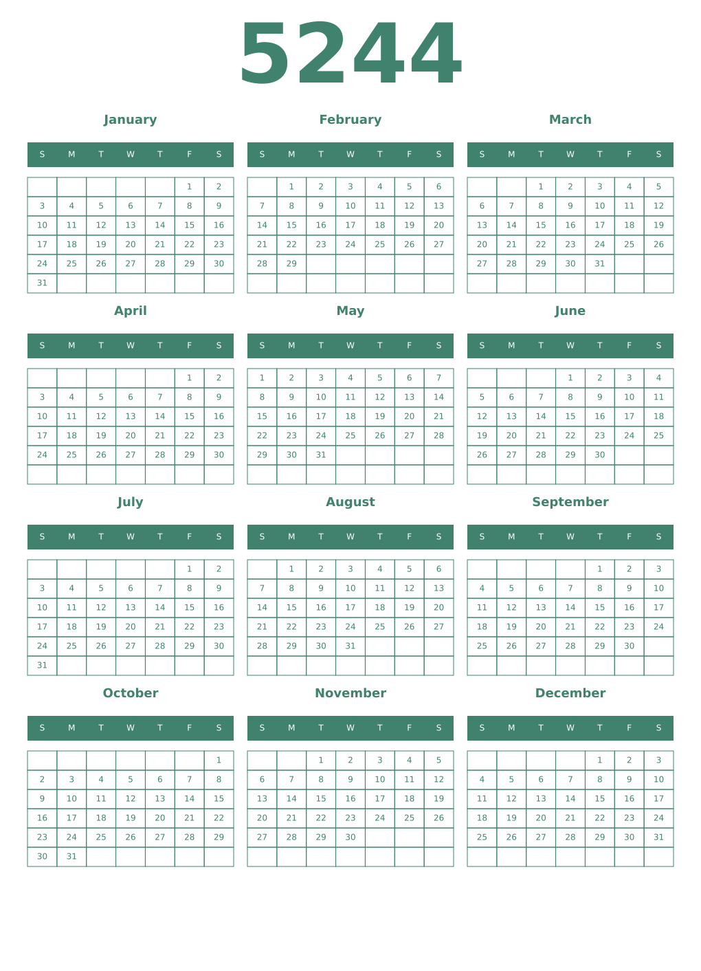 Printable 5244 Year Calendars viridian