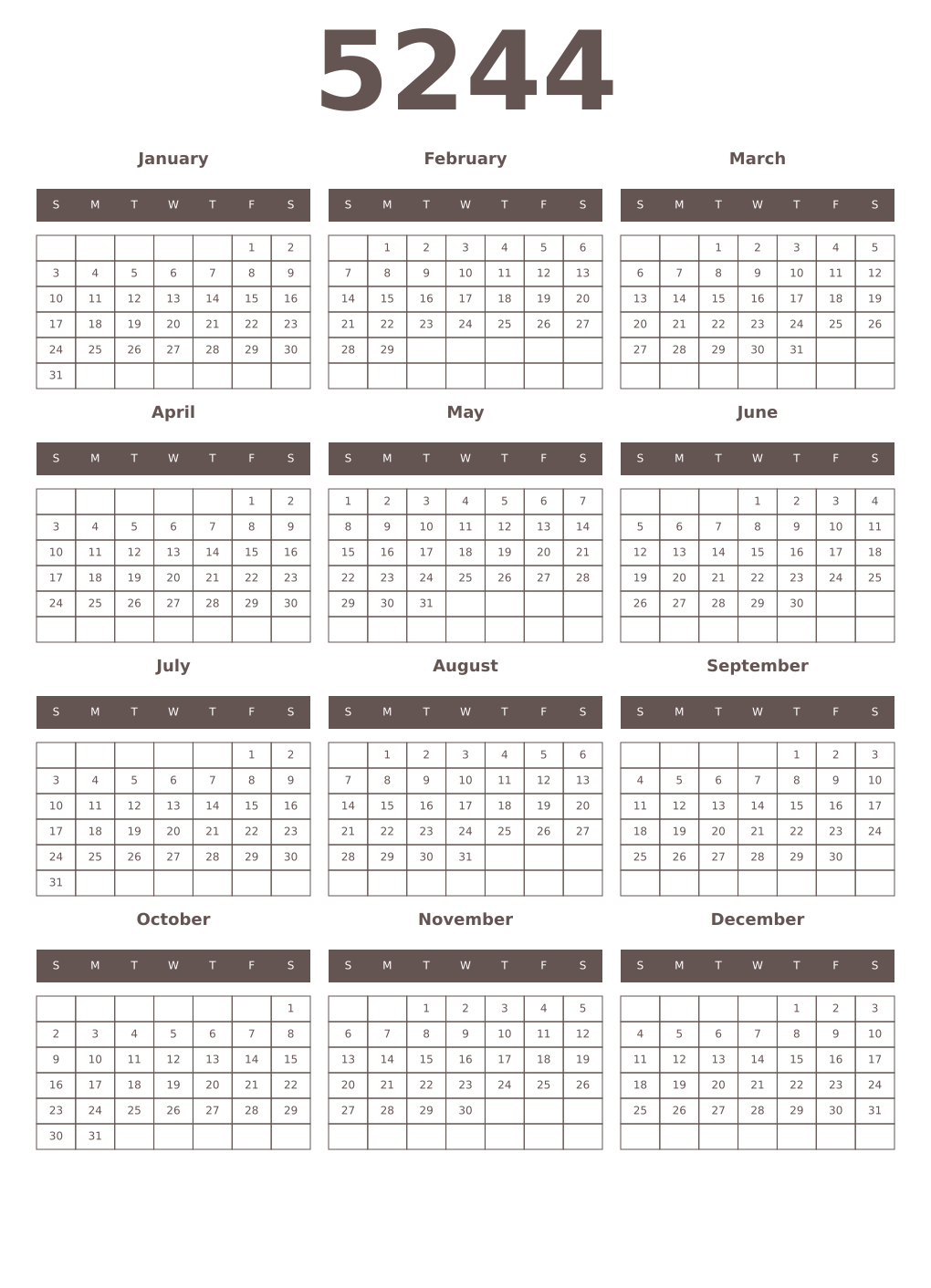 Printable 5244 Year Calendars wenge