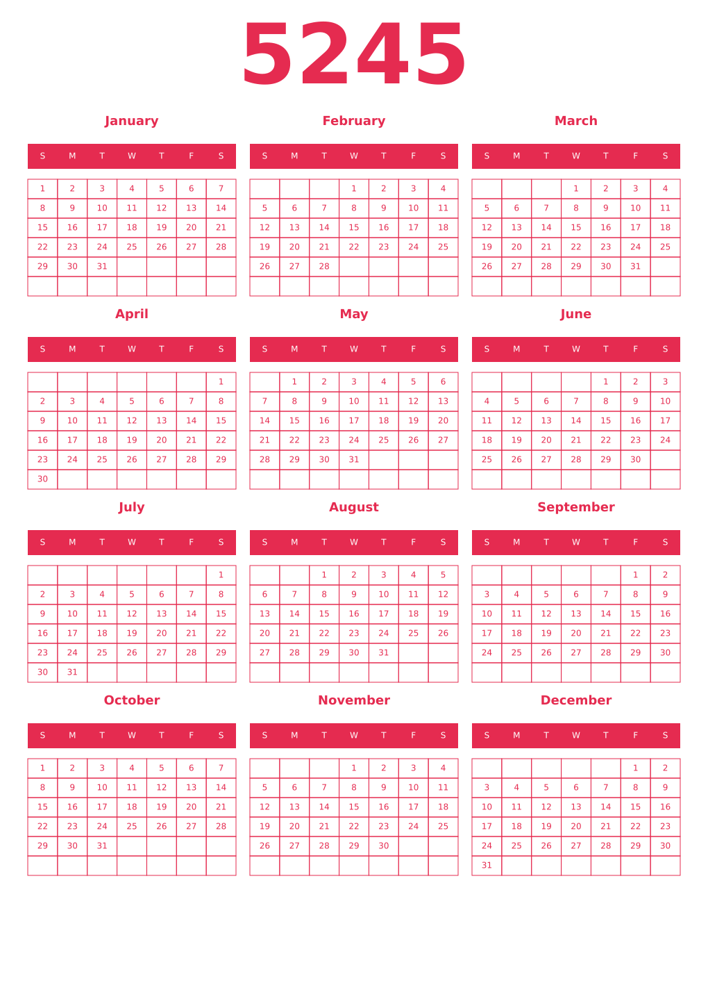 Printable 5245 Year Calendars amaranth