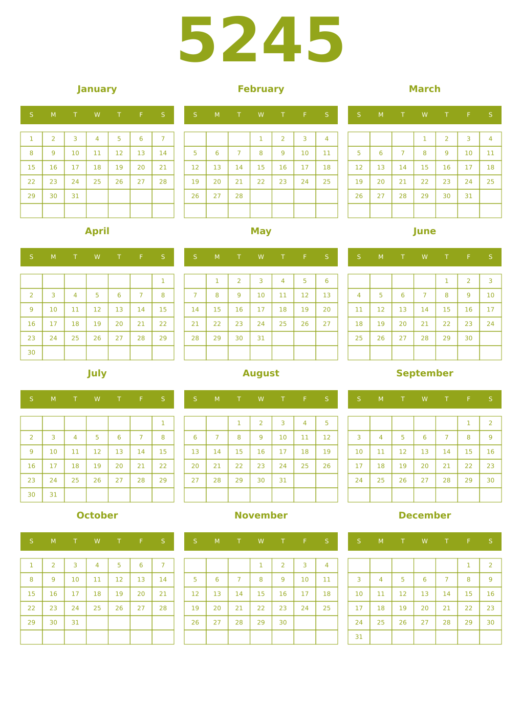 Printable 5245 Year Calendars chartreuse