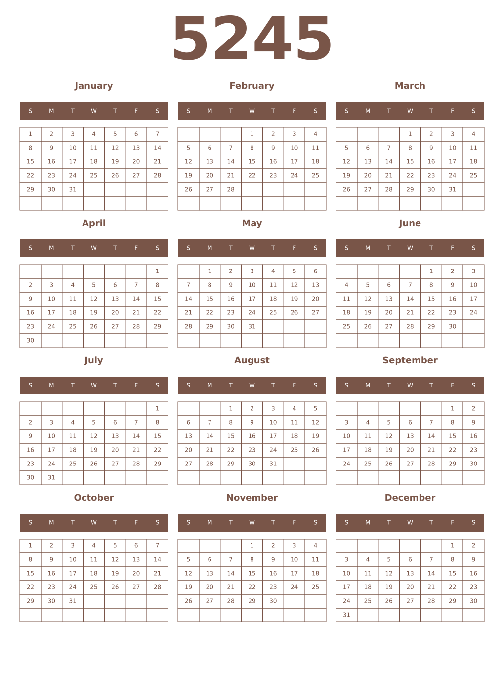 Printable 5245 Year Calendars coffe