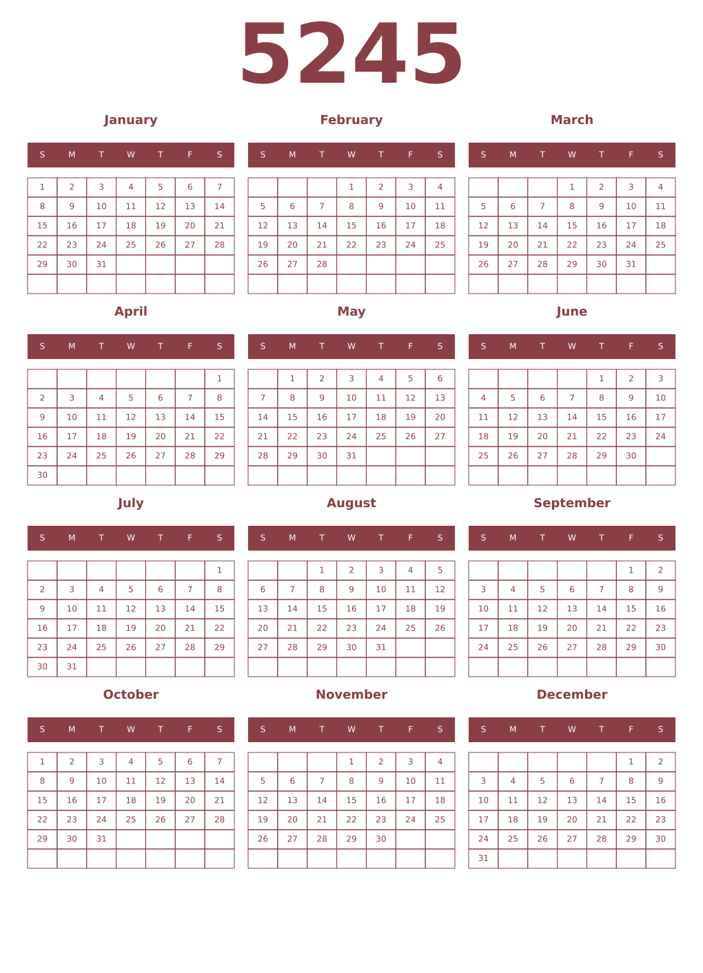 Printable 5245 Year Calendars cordovan
