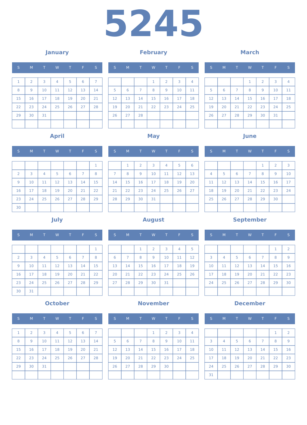 Printable 5245 Year Calendars glaucous