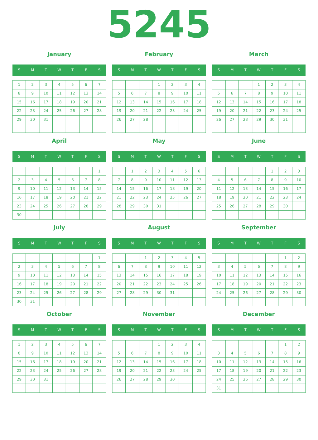 Printable 5245 Year Calendars green