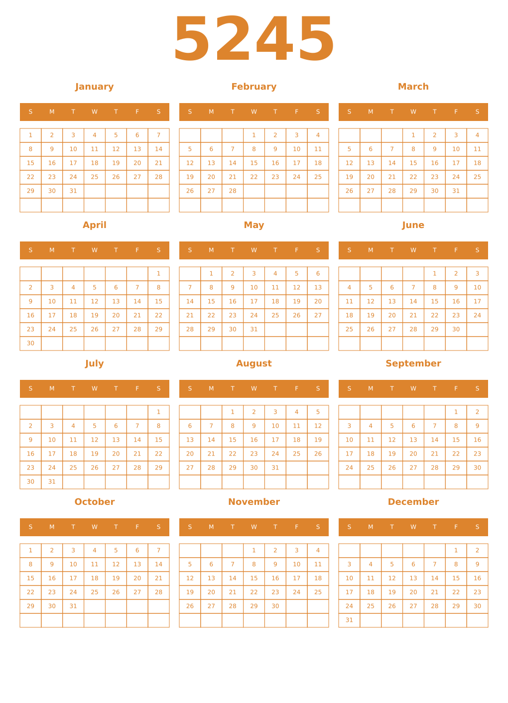 Printable 5245 Year Calendars orange