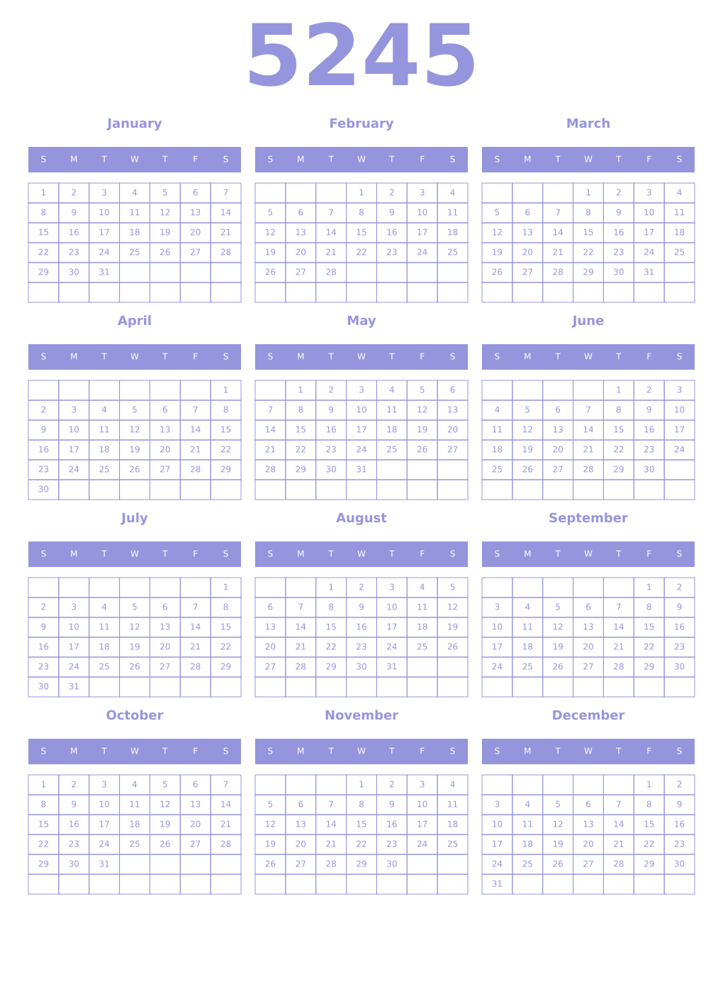 Printable 5245 Year Calendars periwinkle