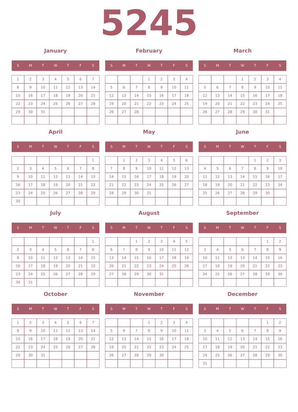 Printable 5245 Year Calendars puce