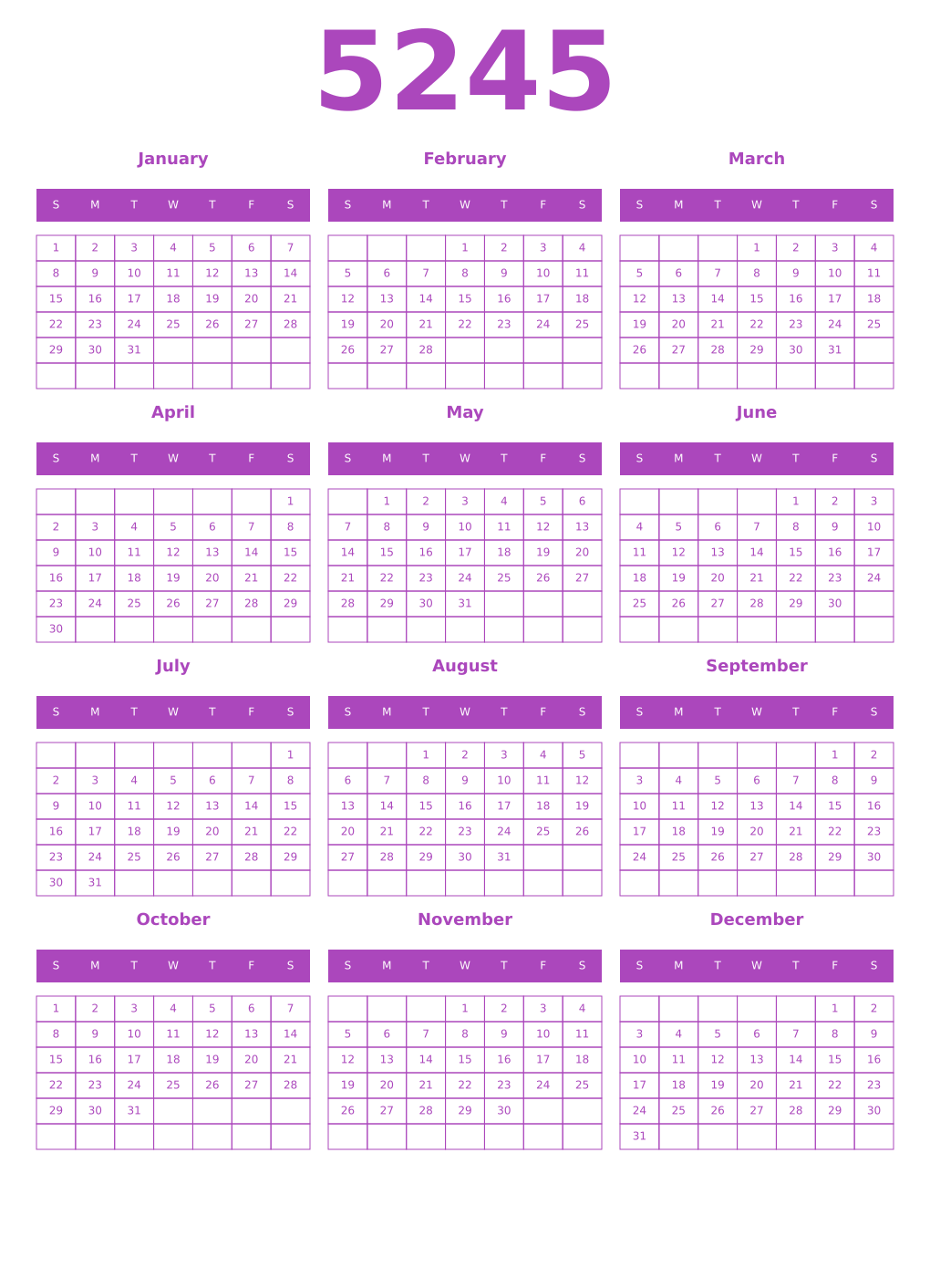 Printable 5245 Year Calendars purple