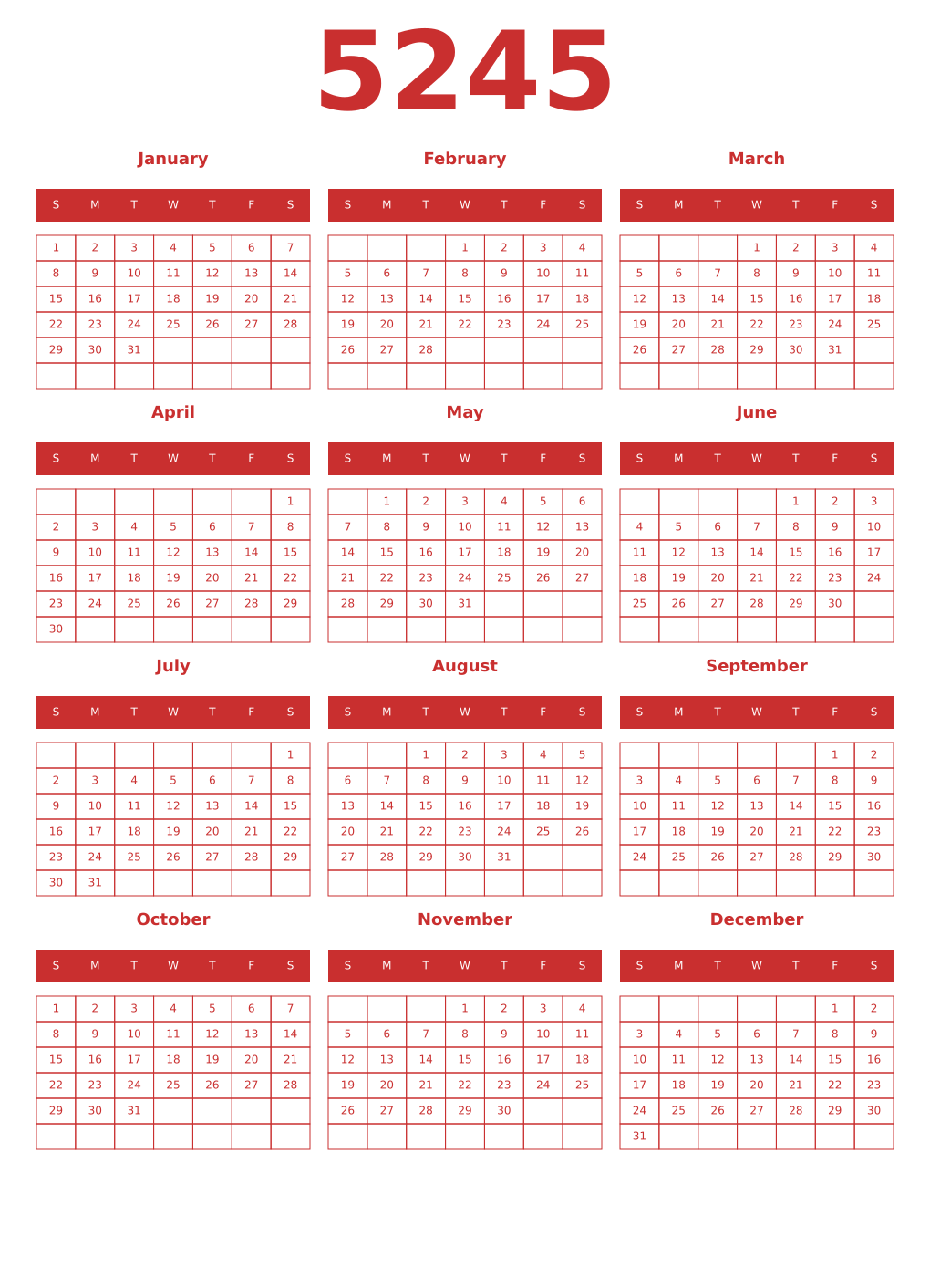 Printable 5245 Year Calendars red