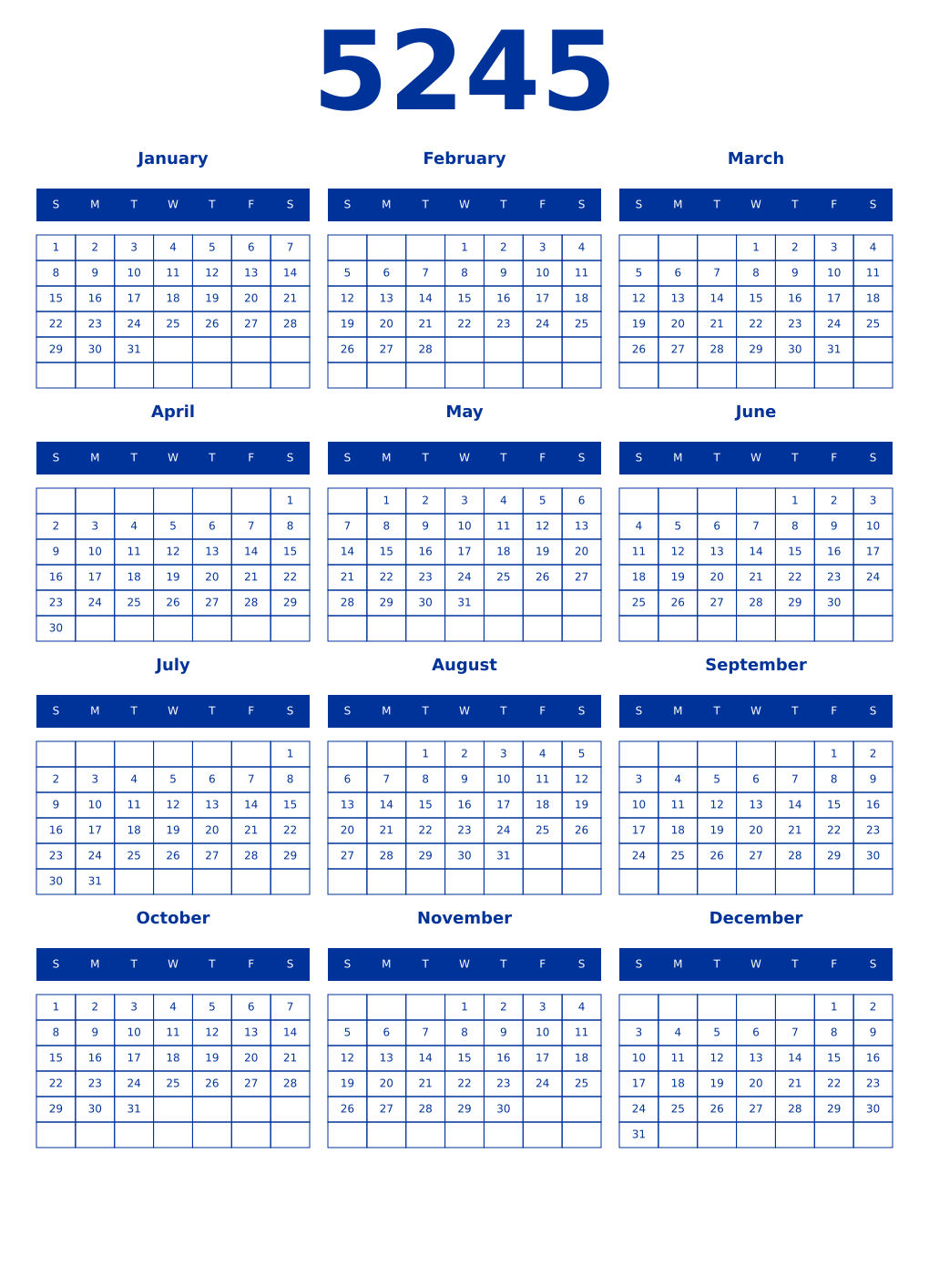 Printable 5245 Year Calendars smalt