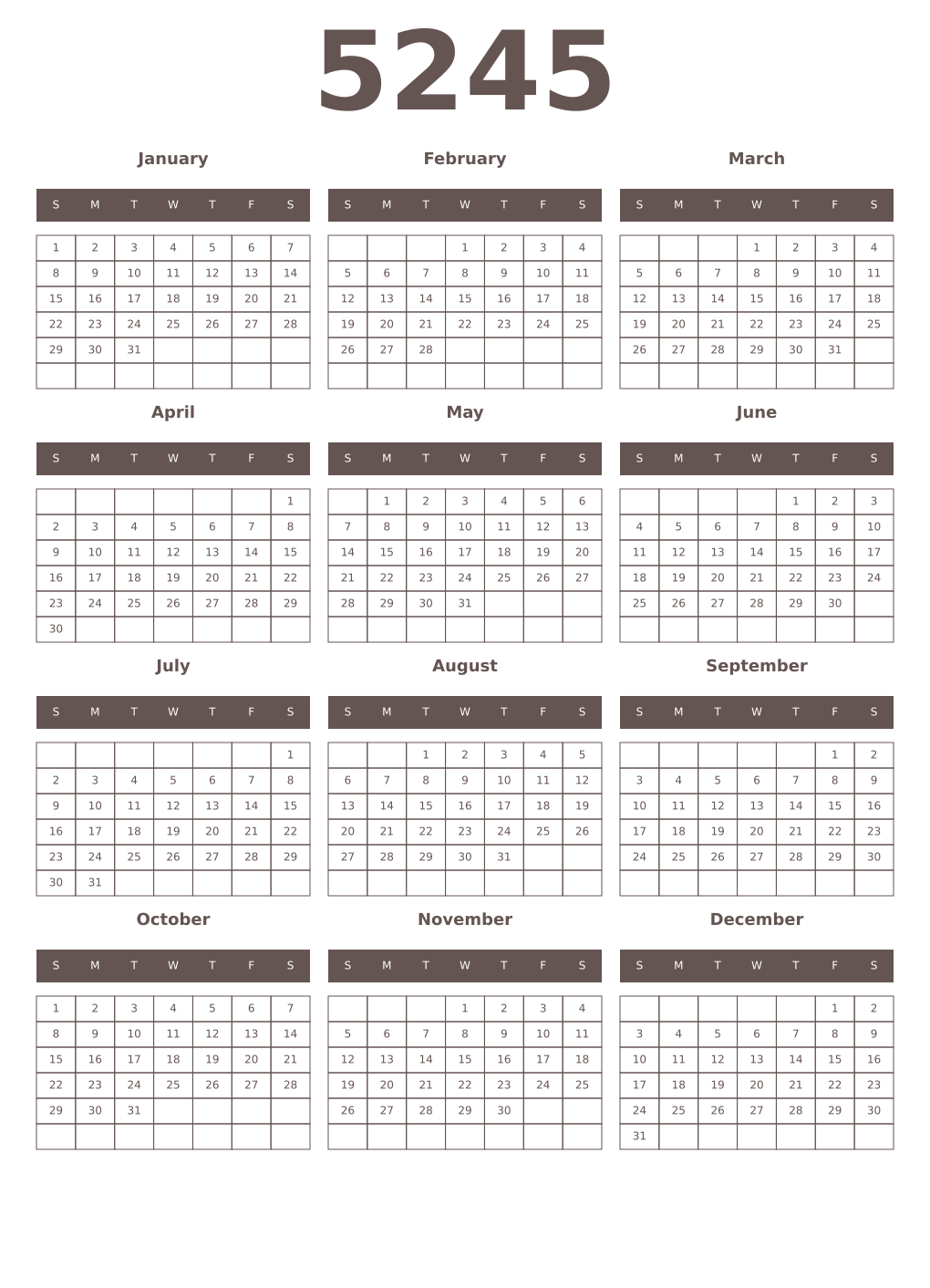 Printable 5245 Year Calendars wenge