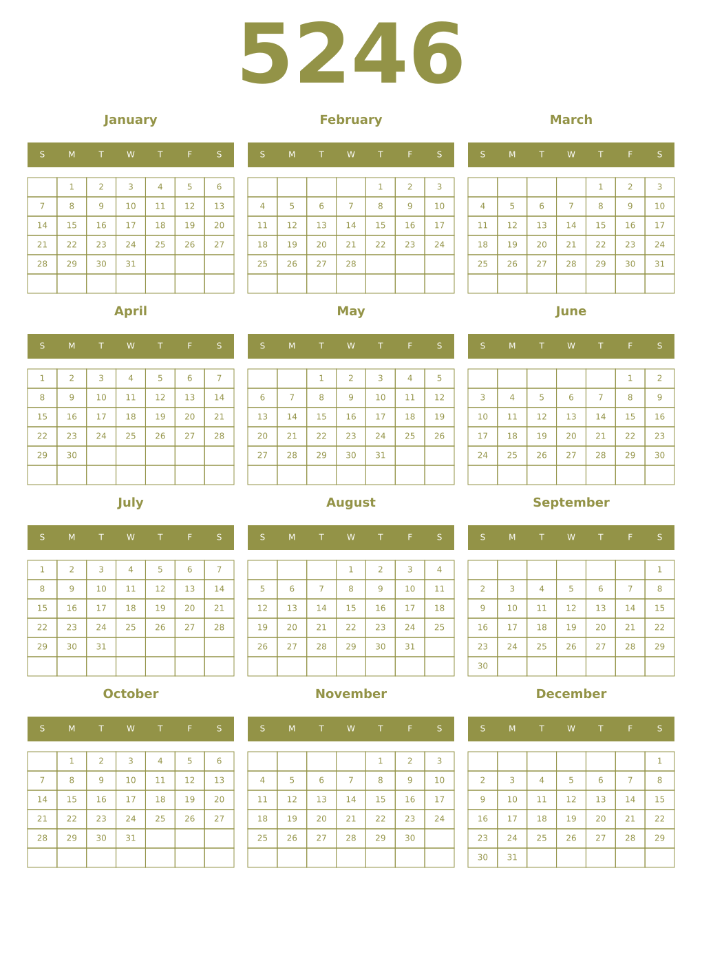Printable 5246 Year Calendars eburnean