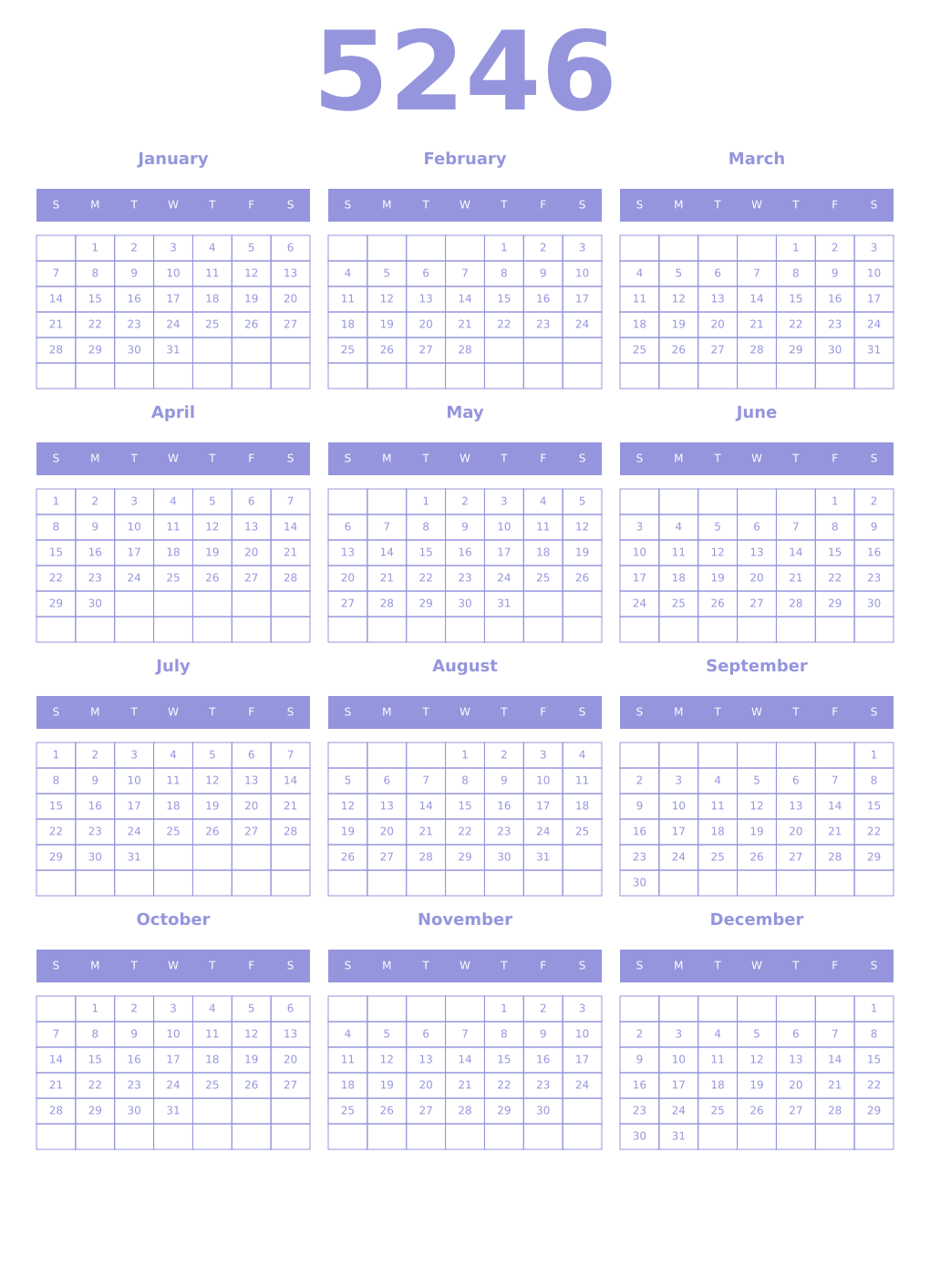 Printable 5246 Year Calendars periwinkle