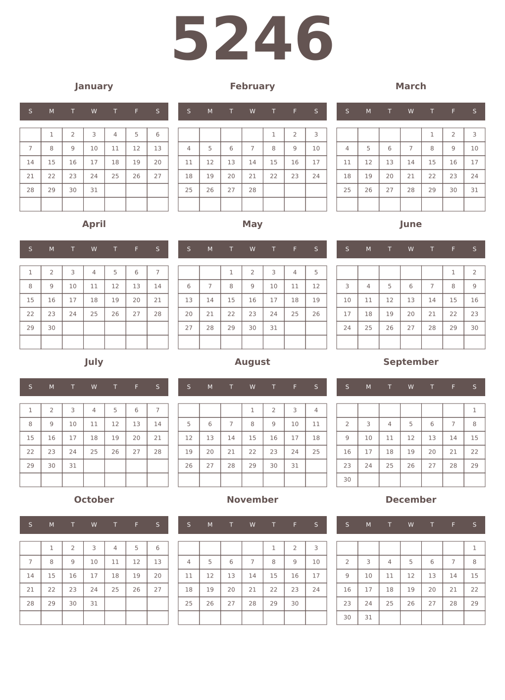 Printable 5246 Year Calendars wenge