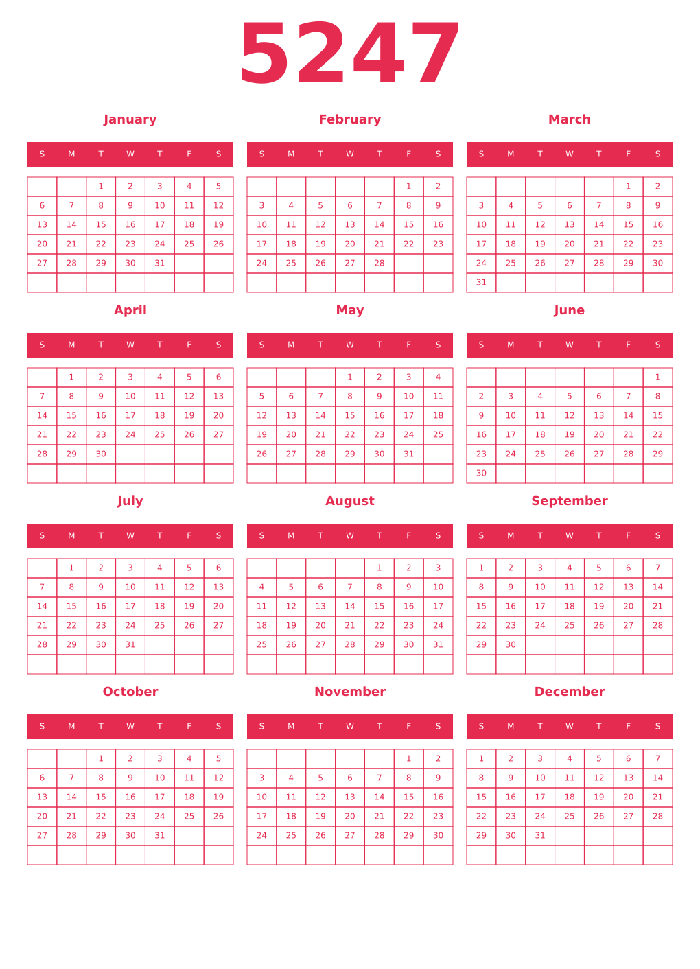 Printable 5247 Year Calendars amaranth