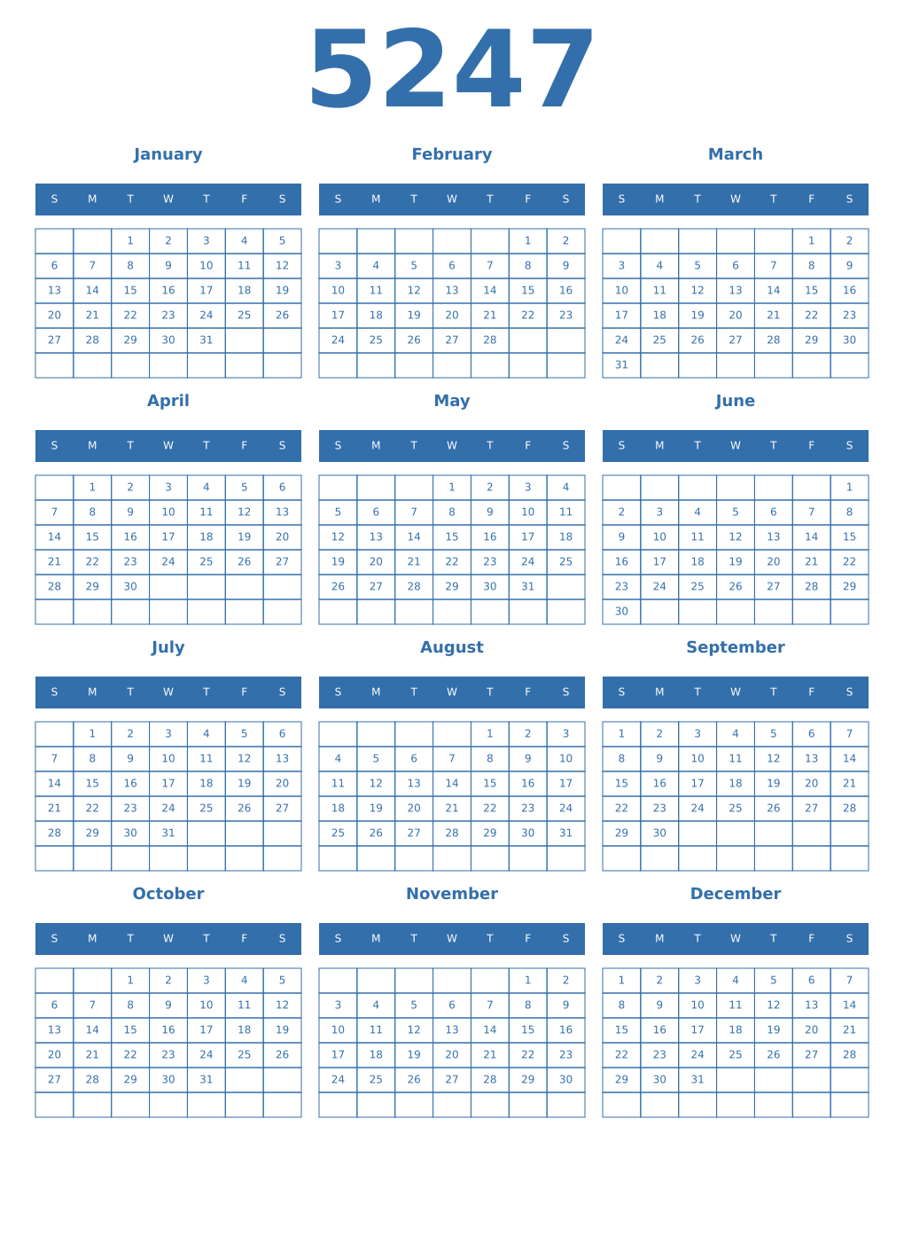 Printable 5247 Year Calendars blue