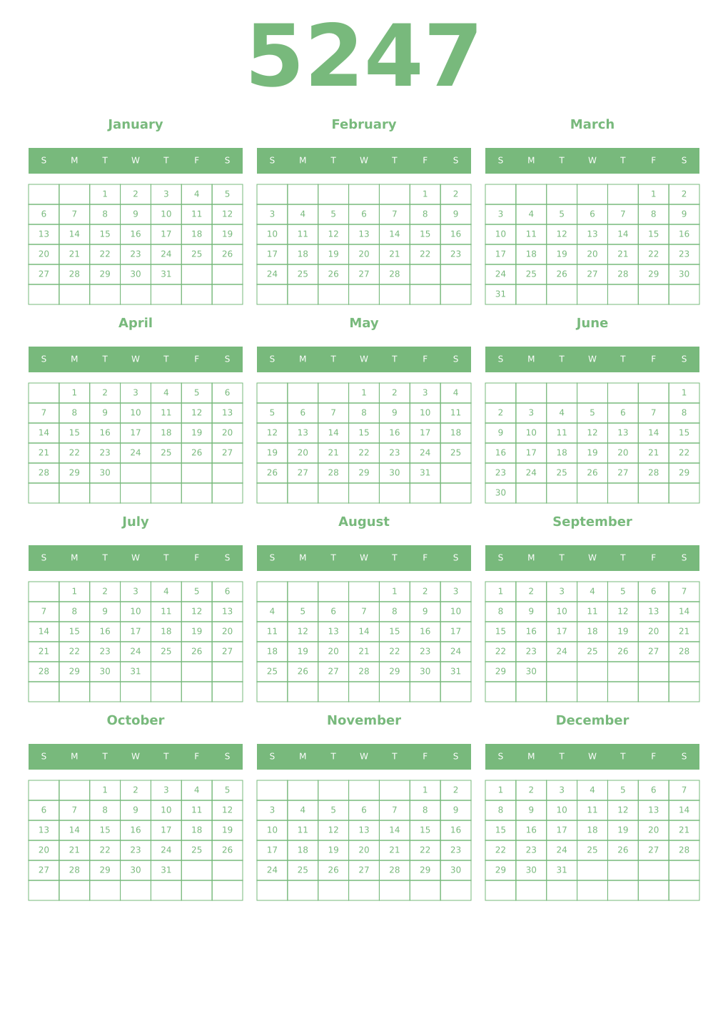 Printable 5247 Year Calendars celadon