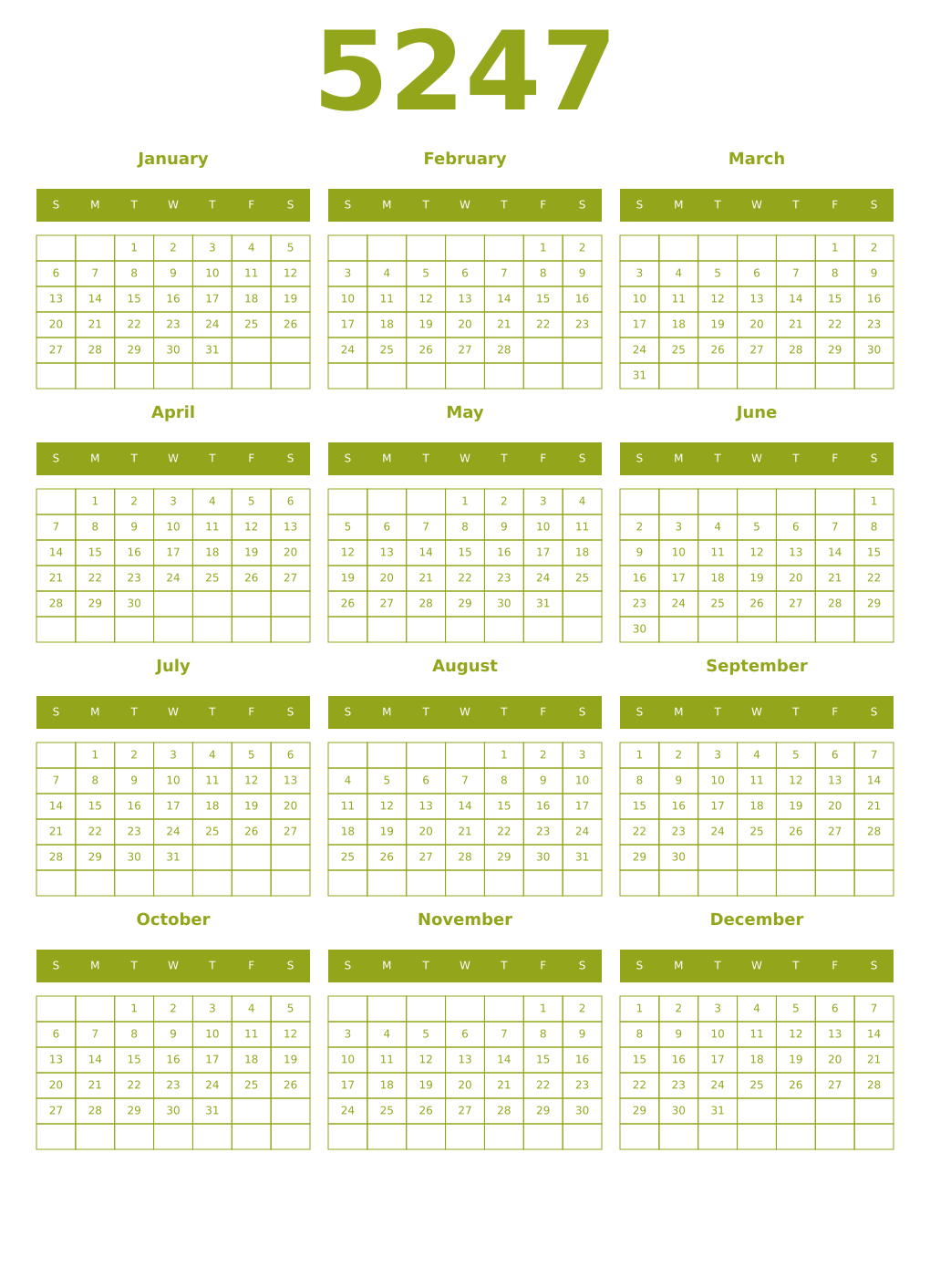 Printable 5247 Year Calendars chartreuse