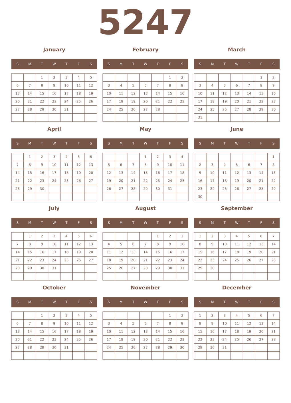 Printable 5247 Year Calendars coffe