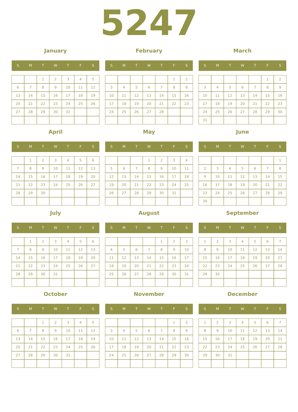 Printable 5247 Year Calendars eburnean