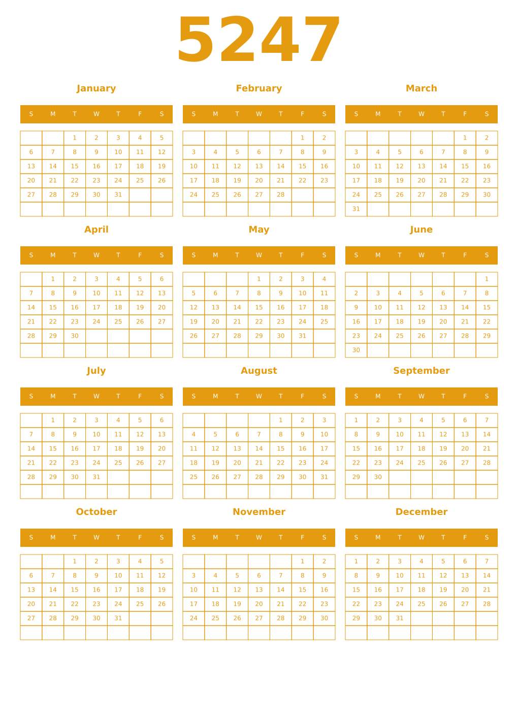Printable 5247 Year Calendars gamboge