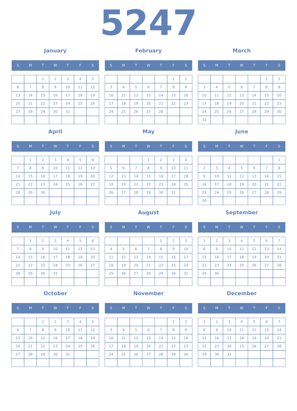 Printable 5247 Year Calendars glaucous
