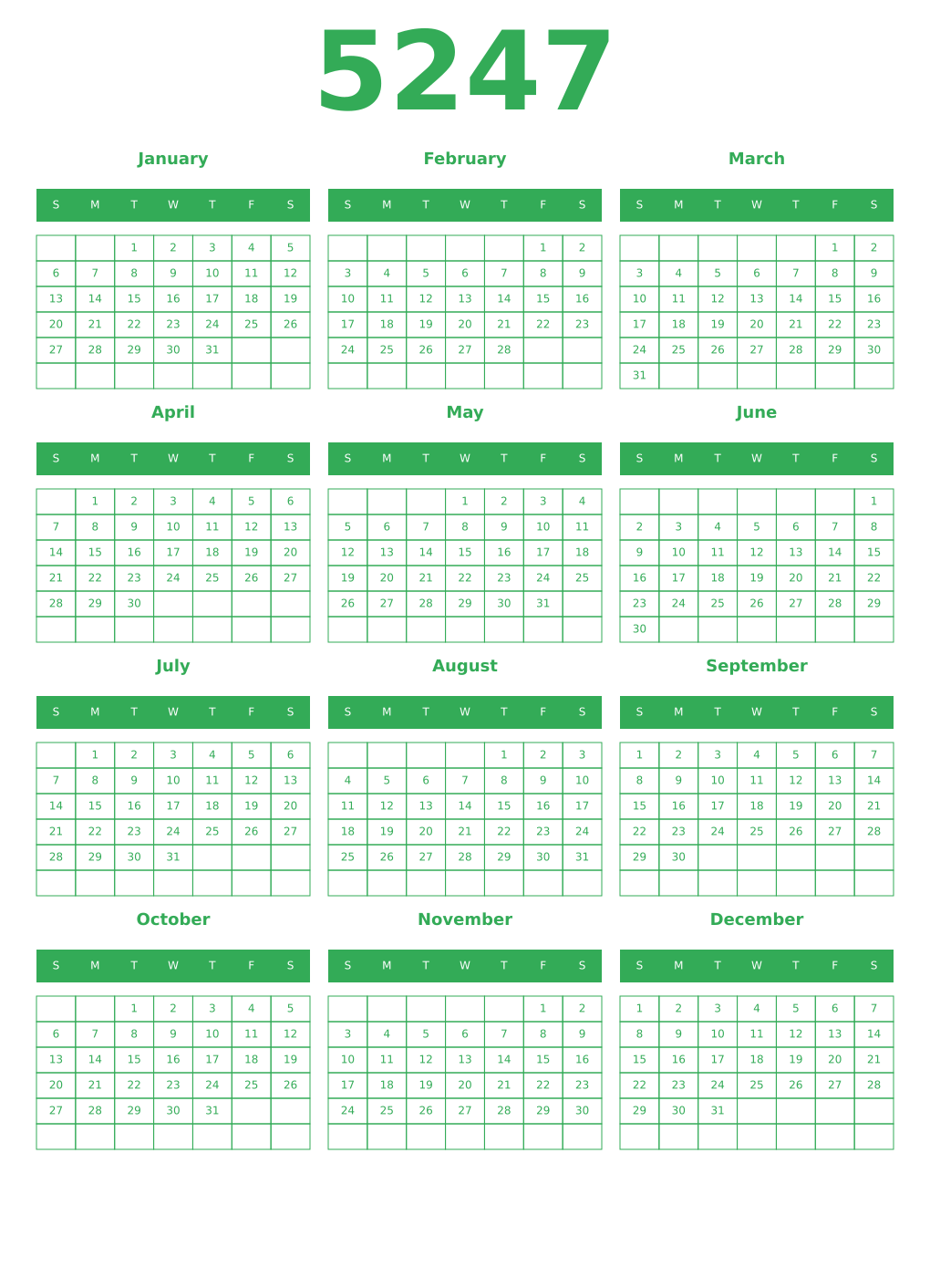 Printable 5247 Year Calendars green