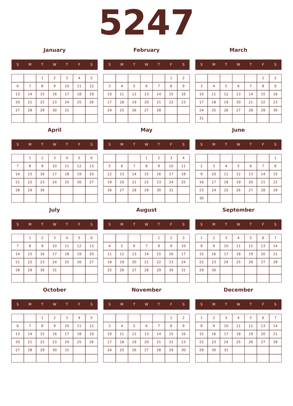 Printable 5247 Year Calendars mortuum