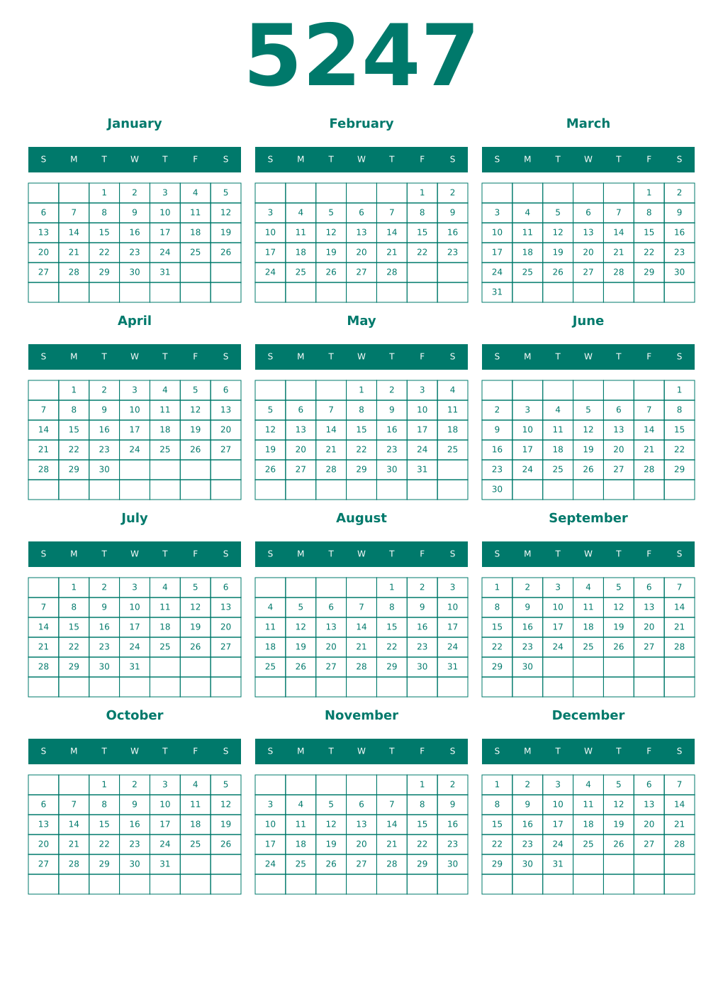 Printable 5247 Year Calendars pastel