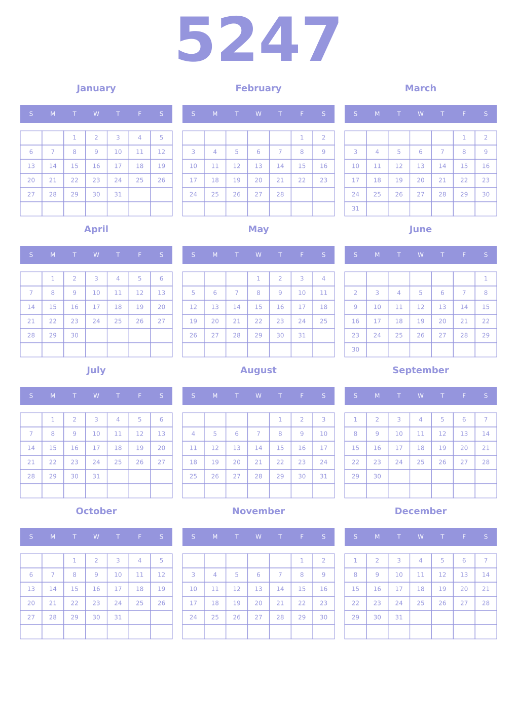 Printable 5247 Year Calendars periwinkle