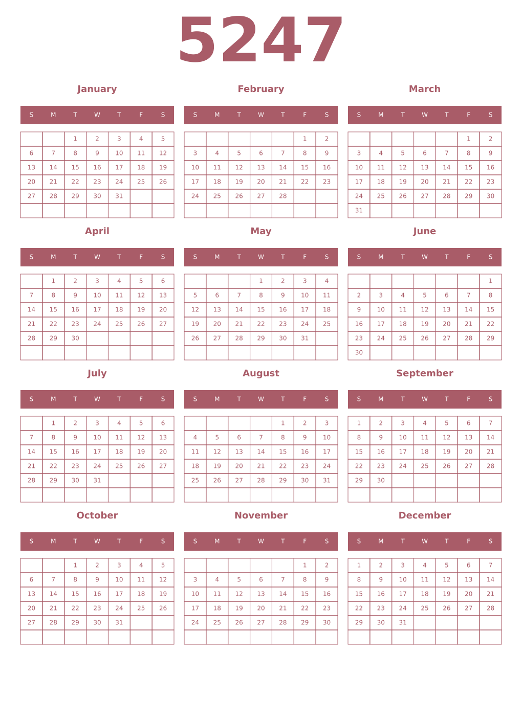 Printable 5247 Year Calendars puce
