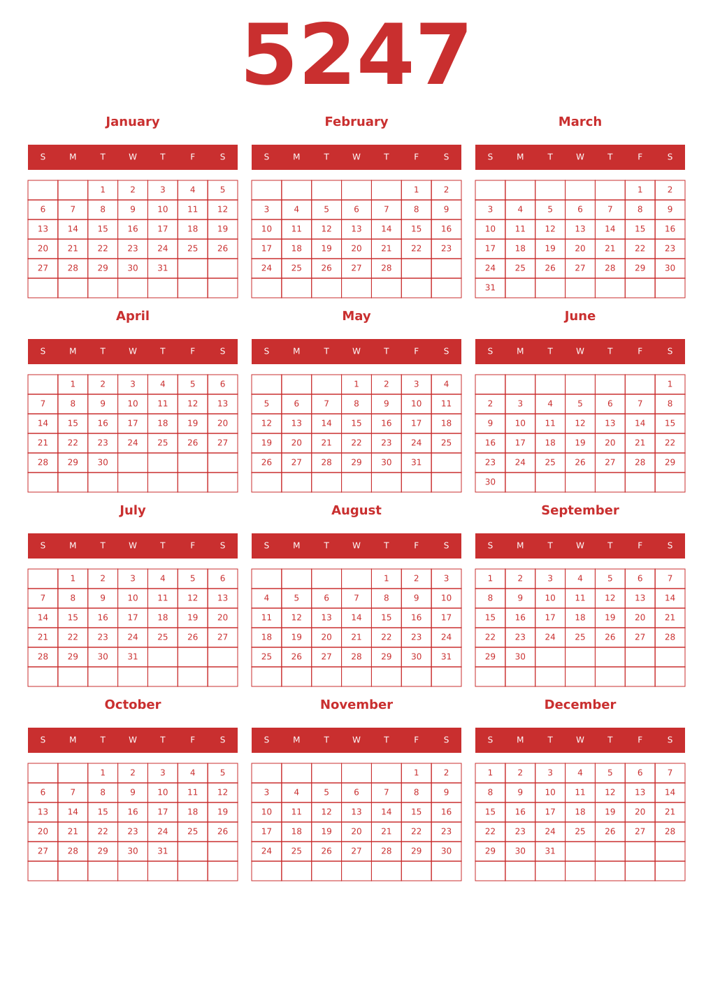 Printable 5247 Year Calendars red