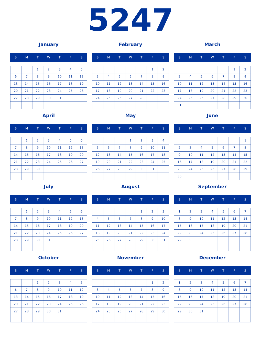 Printable 5247 Year Calendars smalt