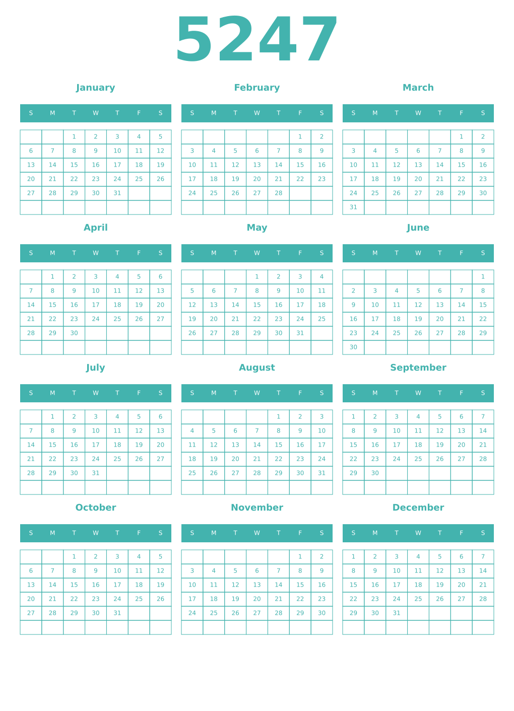 Printable 5247 Year Calendars verdigris